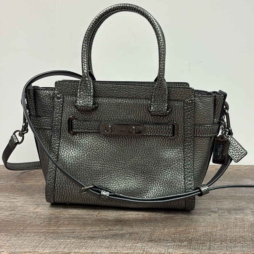 Coach Swagger 21 Carryall Gunmetal Pebbled Leather Crossbody Satchel F37444